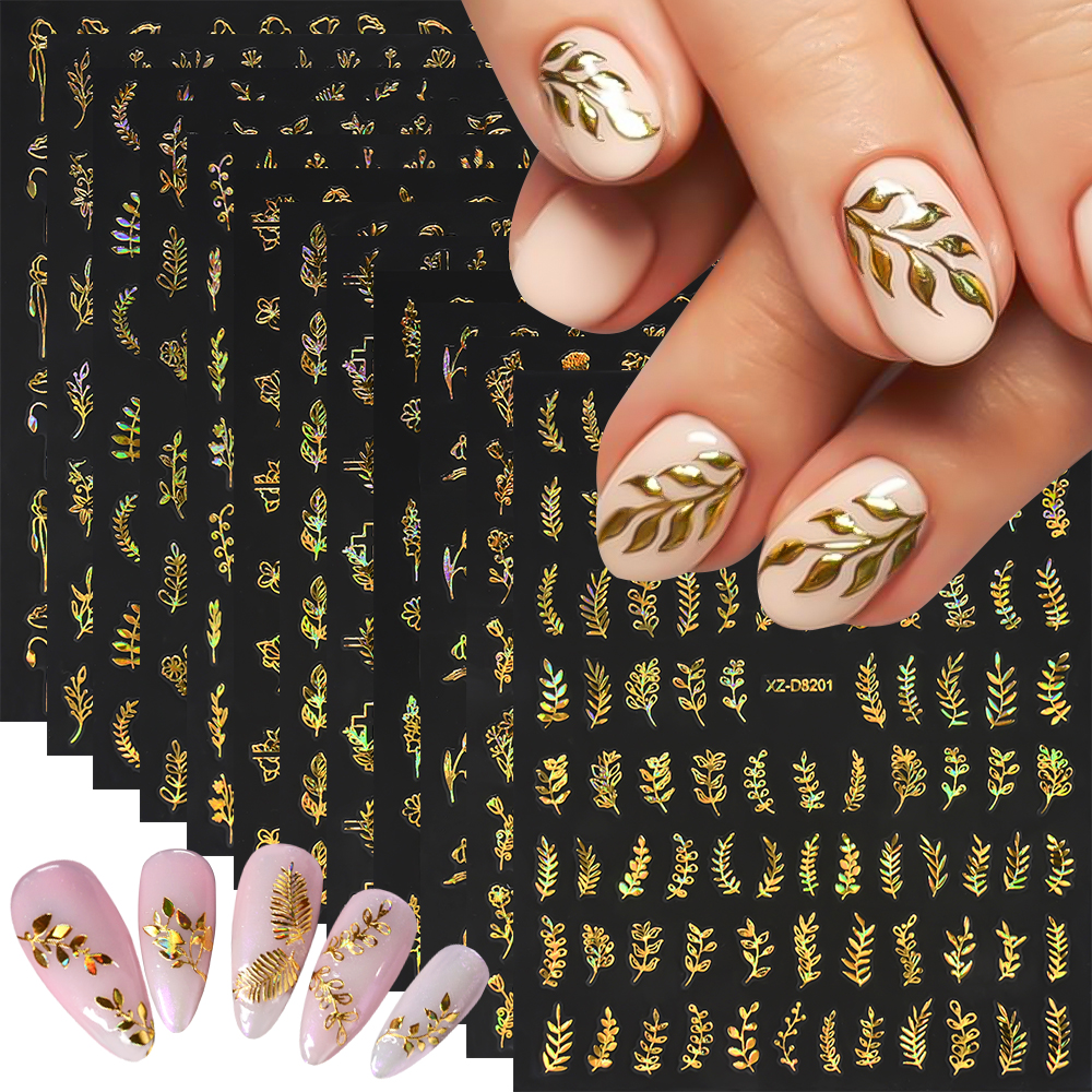 Nail Art Leopard - 12pcs/set 3D Shiny Leaf Flower Nail