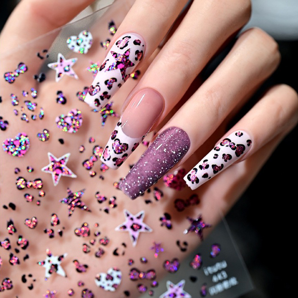 Nail Art Leopard - 1Pcs Pink Glitter Leopard Print Love