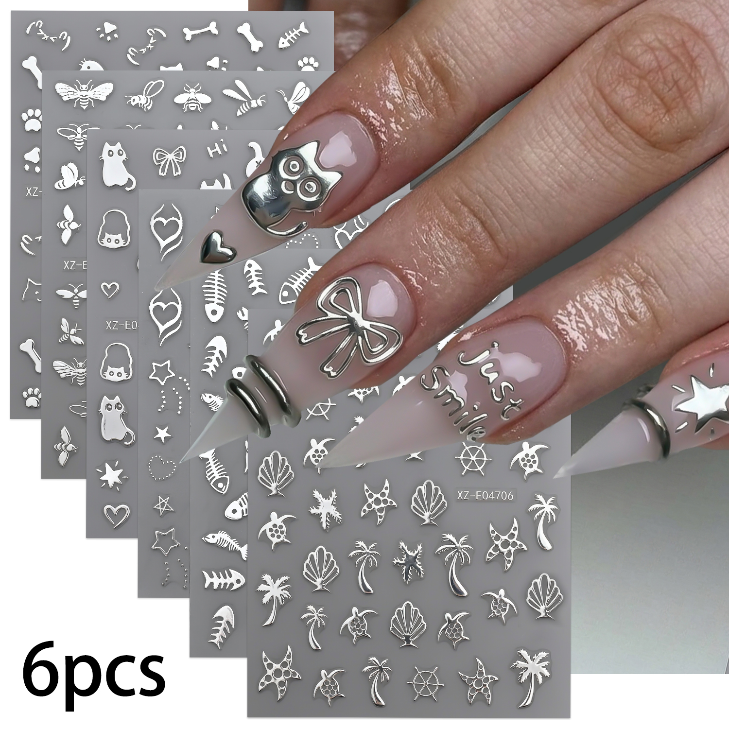 6pcs 3D Silver Metallic Animal – Nail Art Chrome Bewertung und Preis